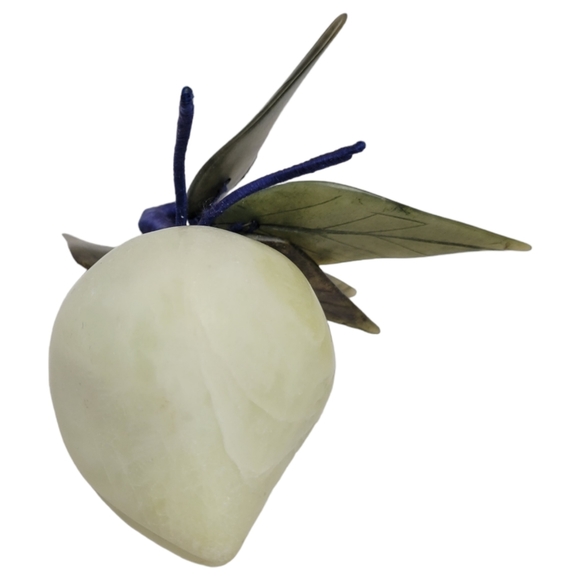 Jade Pear With Forest Green Leaves And Blue Silk Stem  Carved Fruit Decor - Picture 4 of 12